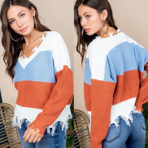 Last1️⃣Stripe Color Block Sweater Cozy Loose Top - Picture 3 of 5
